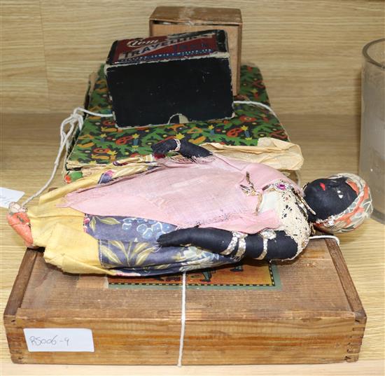 A dolls tea set, blocks, iron, doll and model house